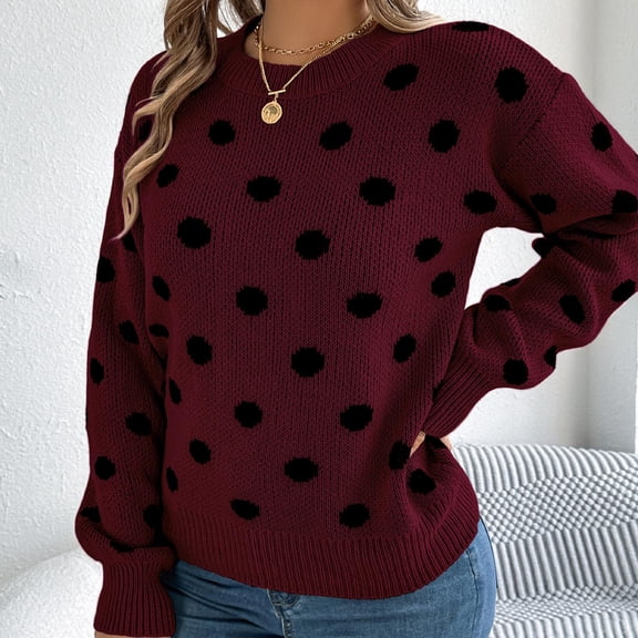 Axdhxbd Sweaters for Women Trendy Polka Dots Crew Neck Knit Pullover Long Sleeve Casual Knitwear Fall Winter Sweater L