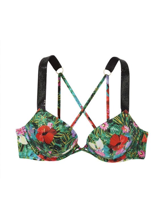 Bombshell Add 2 Cups Size Shine Rhinestone Strap Bikini Swim Top Tropical Floral Size 38D NWT