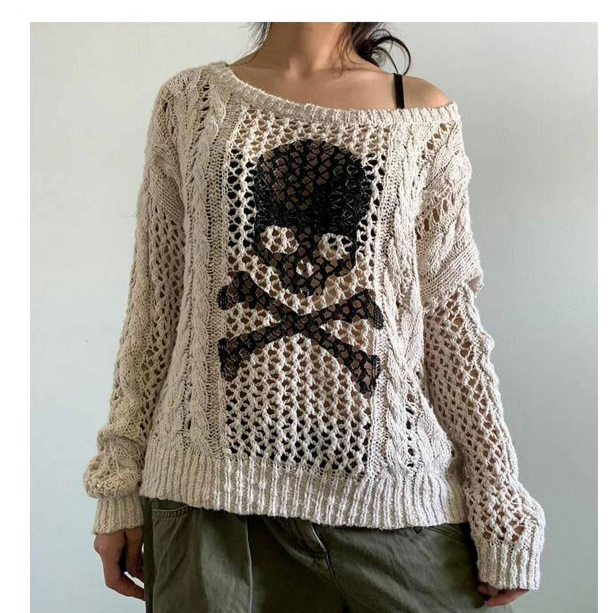 Skull Sweater y2k Aesthetic Gothic Hollow Out Long Sleeve Tops