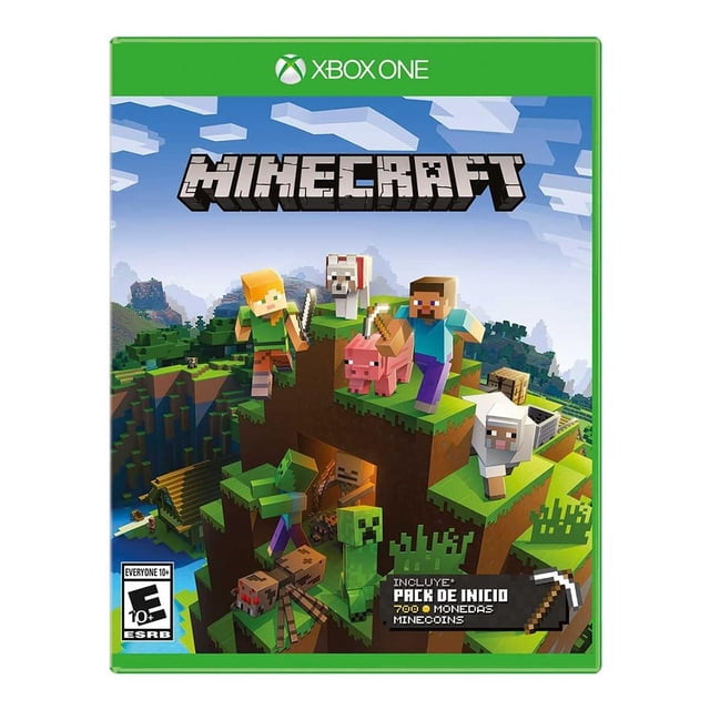 minecraft starter collection xbox one físico Estuche frontal centrado para Xbox One con portada: título MINECRAFT arriba, banda verde con logotipo Xbox One, dos personajes (Steve y Alex) sobre bloques cúbicos, oveja, cerdo y lobo domesticado al lado, enemigos (creeper y zombis) en la parte baja, sello que indica Pack de inicio y 700 Minecoins y clasificación B+12 años; a menudo usado como regalo para fans y coleccionistas de videojuegos.