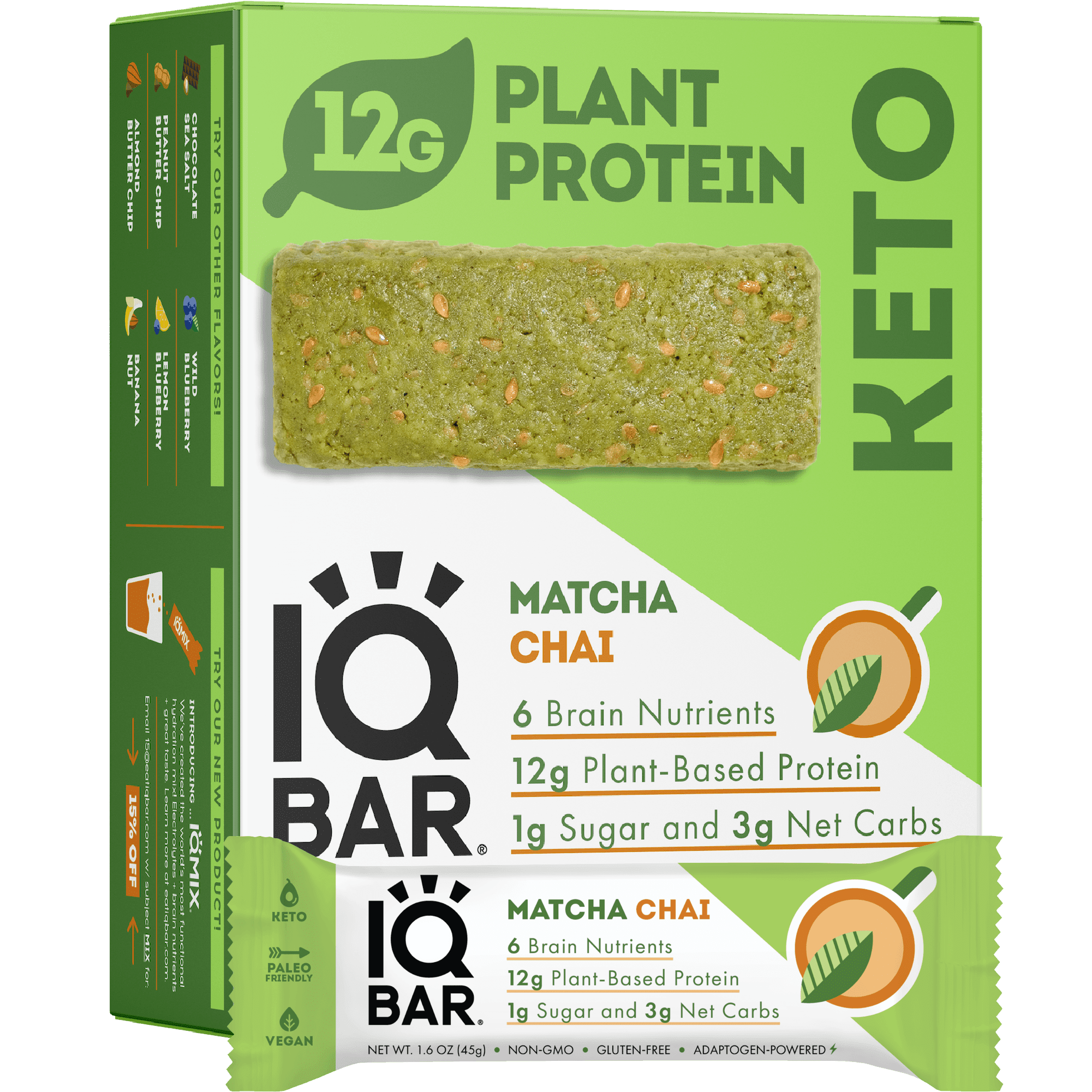IQBAR Brain and Body Keto Protein Bars - Matcha Chai Keto Bars - 12-Count Energy Bars - Low Carb Protein Bars - High Fiber Vegan Bars and Low Sugar Meal Replacement Bars - Vegan Snack