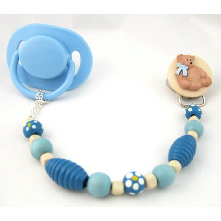 Wooden Teddy Bear Pacifier Clip with Wooden Beads