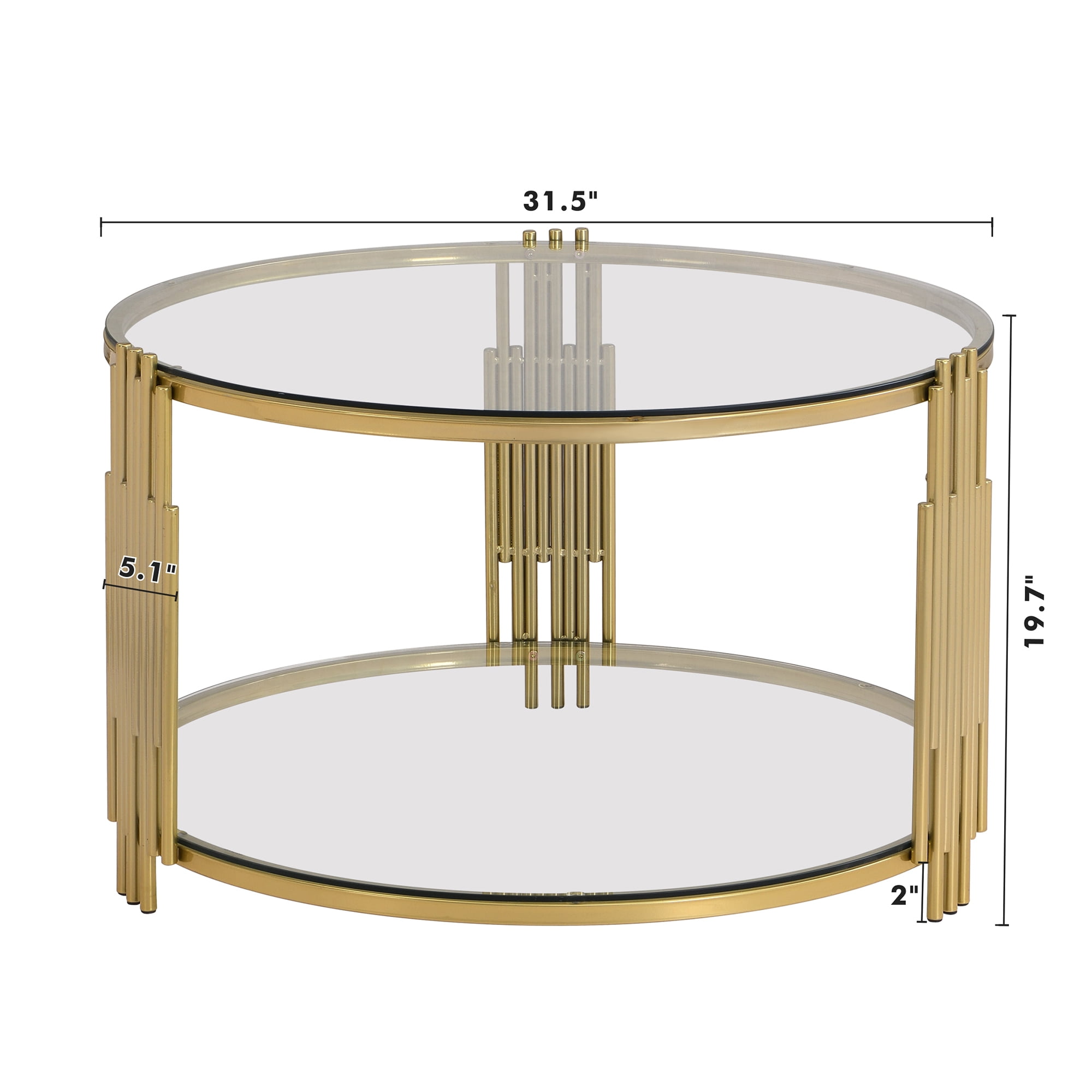 EUROCO 31.5" Round Coffee Table,Modern Tempered Glass Tea Table with Metal Base,Gold Finish and Lower Shelf,2 Tier Circle Dining Table for Study Room Reception Room,Transparent