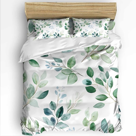 Sage Green Eucalyptus Queen Size Comforter Set, Spring Summer Watercolor Plant Leaves Soft Bedding for All Seasons, 4 Pcs Bed Set with 1Comforter (90"x92") ,1 Sheet(94"x116"), 2 Pillowcases (19"x29")