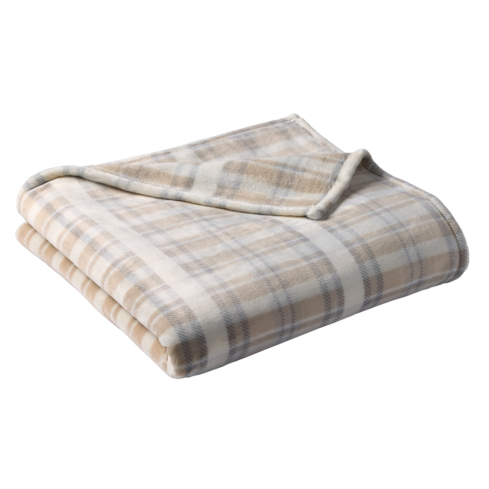 Better Homes & Gardens Velvet Plush Soft Bed Blanket, Full/Queen Size, Grey Plaid