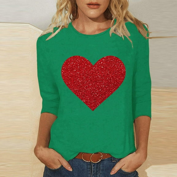 SOOMLON Womens Valentines Day Shirts Lover Valentines Gift Comfy 3/4 Sleeve Scoop Neck Shirts Funny Heart Graphic Tees Fashion Holiday Clothes 2025 Green XL