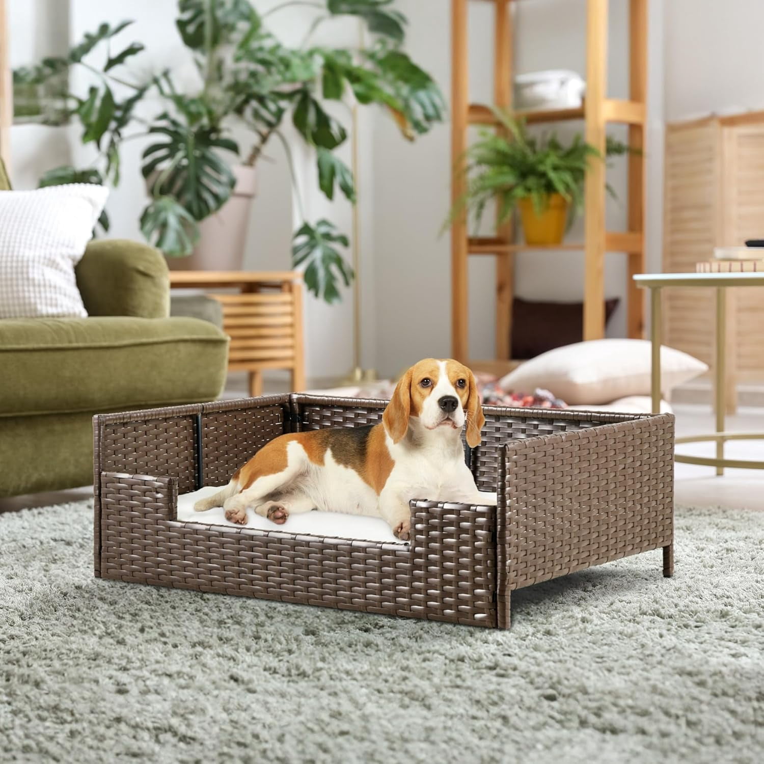 Rattan Pet Sofa Bed with Cushion, Wicker Dog Cat Bed Couch Indoor Outdoor Waterproof for Large Medium Small Pets, 34.6"L x 23.6"W x 11.8"H, Beige