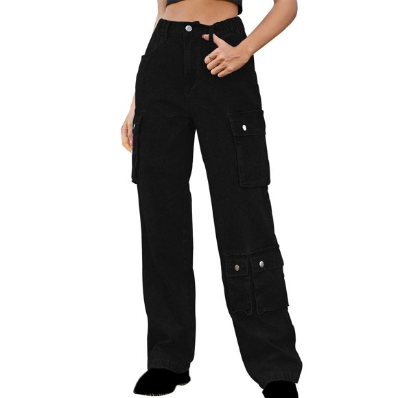 Yuyuzo Jeans Cargo Taille Haute pour Femmes, Poches à Rabat, Jambe Droite et Grand, Pantalon en Denim Décontracté Coupe Ample, Mode Urbaine, Noir