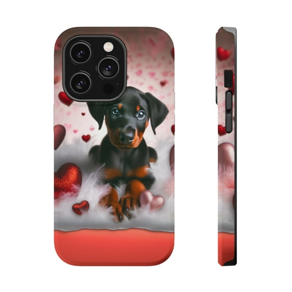 DistinctInk Tough Case for Apple iPhone 14 PRO (6.1" Screen), Compatible with MagSafe Charging - Valentine's Day Doberman Pinscher Puppy