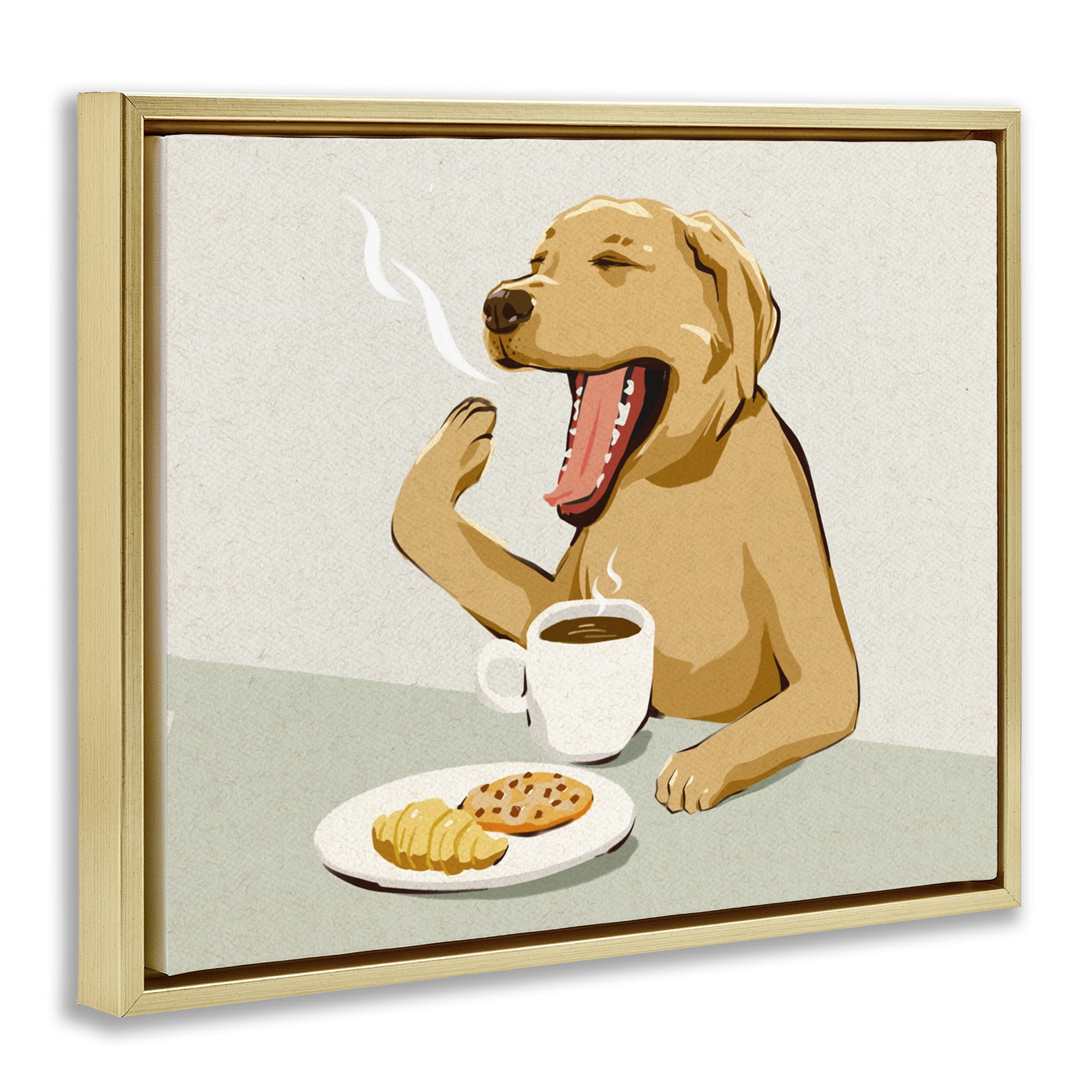 Stupell Industries Yawning Dog with Morning Coffee Gold Framed Floater Canvas Wall Art, design by Ziwei Li