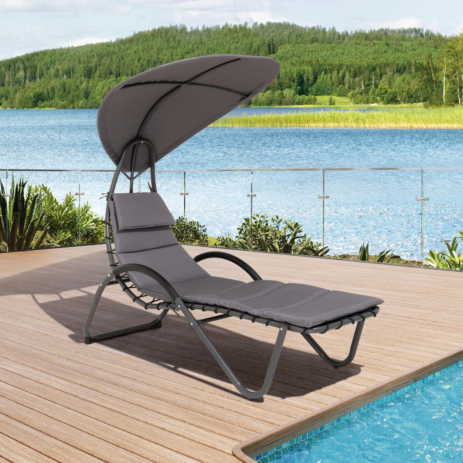 Deko Living Outdoor Cushioned Chaise Lounge with Canopy and Headrest Pillow