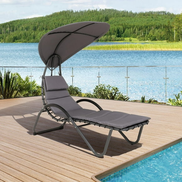 Deko Living Chaise longue d'extérieur rembourrée avec auvent et oreiller appui-tête