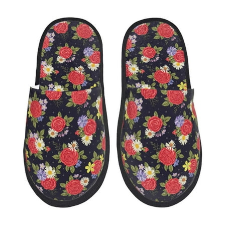 Balery Red Rose Flower Slient Indoor Furry Fleece Comfort House Shoes Soft Non-Slip Home Shoes Cotton slippers House Slippers-- Large