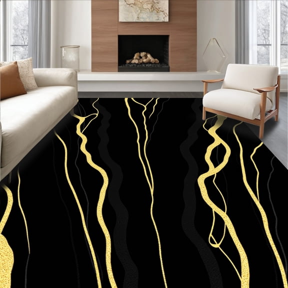 Flatwoven High Traffic Area Rug, Elegant Swirled Veining Abstract Decorative Luxury Statement Accent, Non Slip, Stain Resistant, Washable Area Rugs for Living Room, Bedroom(Black, 4X6)