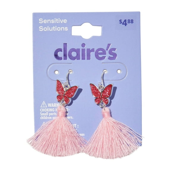 Claire's Silver Butterfly Tassel Drop Earrings, Pink