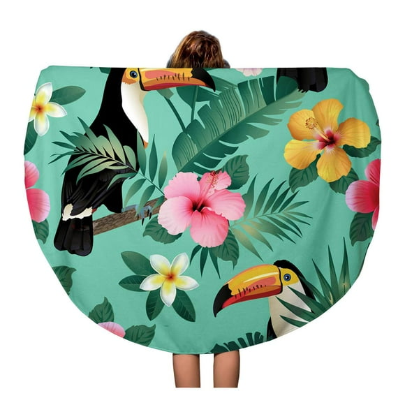 JSDART 60 inch Round Beach Towel Blanket Colorful Aloha Tropical Birds and Palm Leaves Watercolor Travel Circle Circular Towels Mat Tapestry Beach Throw