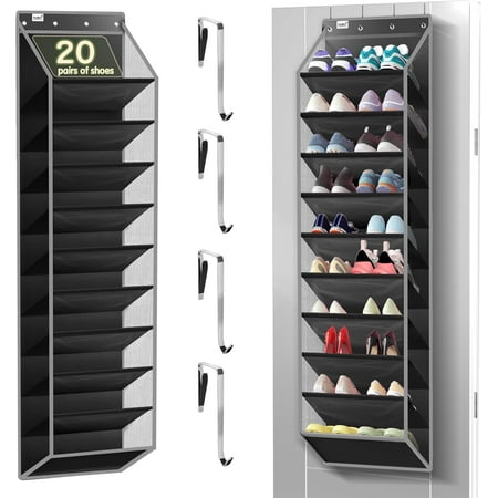 10 Tier Over The Door Organizer - Heavy Duty Hanging Storage Rack with Sturdy Oxford Fabric, Holds 20+ Pairs of Footwear, Boots & Sneakers, Saves 50% Closet Space (Black)