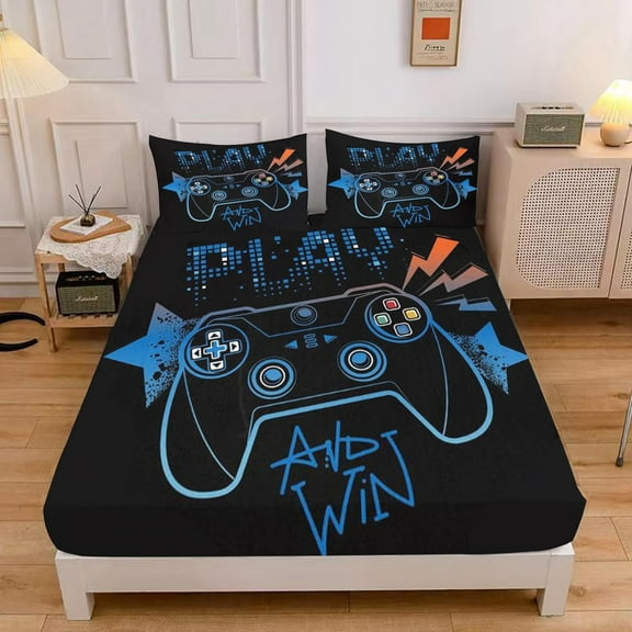 DSTESS Teens Gamepad Fitted Sheet Gaming Gamer Bedding Sets for Boys,Video Games Bed Sheet Sets for Teen Child Game Room Decor(Blue, Twin)