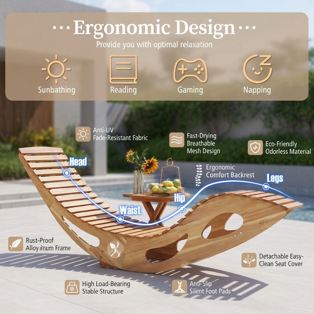 Hommoo Acacia Wood Rocking Chaise Lounge Chair, Ergonomic Curved Seat, Breathable Slatted Design, Outdoor Sun Lounger for Patio, Poolside & Backyard, Natural