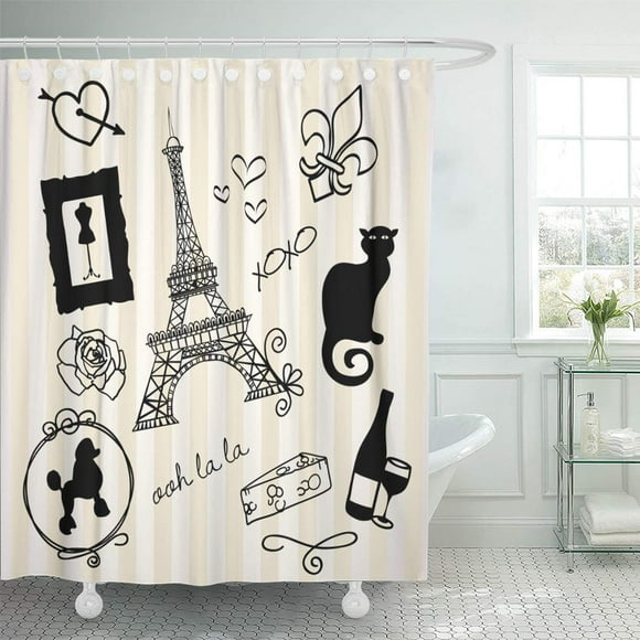 YUSDECOR Poodle Paris Doodles French Chat Ooh Noir XOXO Girly Cat Bathroom Decor Bath Shower Curtain 66x72 inch