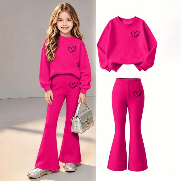 Asgosdo Girls Fall Outfits Print Long Sleeve Crewneck Shirt and Flared Pants Cute Winter Two Piece Sets Size 5-15Y