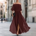 thumbnail image 2 of Women's Off The Shoulder Maxi Dress, Sexy Pleated Chiffon Evening Gown with High Slit, Elegant Puff Sleeve Formal Party Dress, 2 of 4