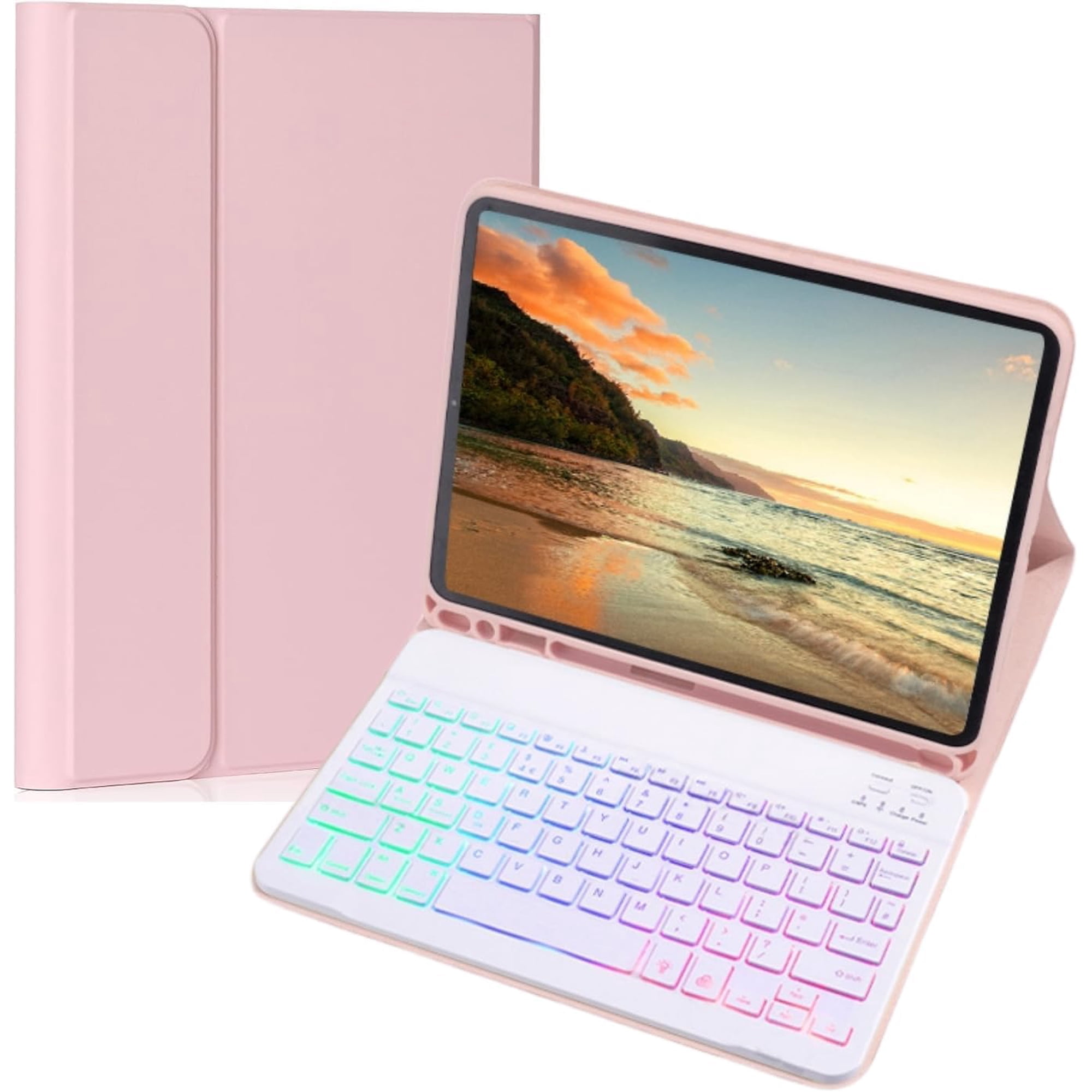7 Color Rainbow Backlit Magnetically Detachable Bluetooth Keyboard Folio Case with Pencil Holder for iPad 9th/8th/7th Gen 10.2 Inch & iPad Pro 10.5"/iPad Air 3rd Gen Protective Tablet Cover, Pink