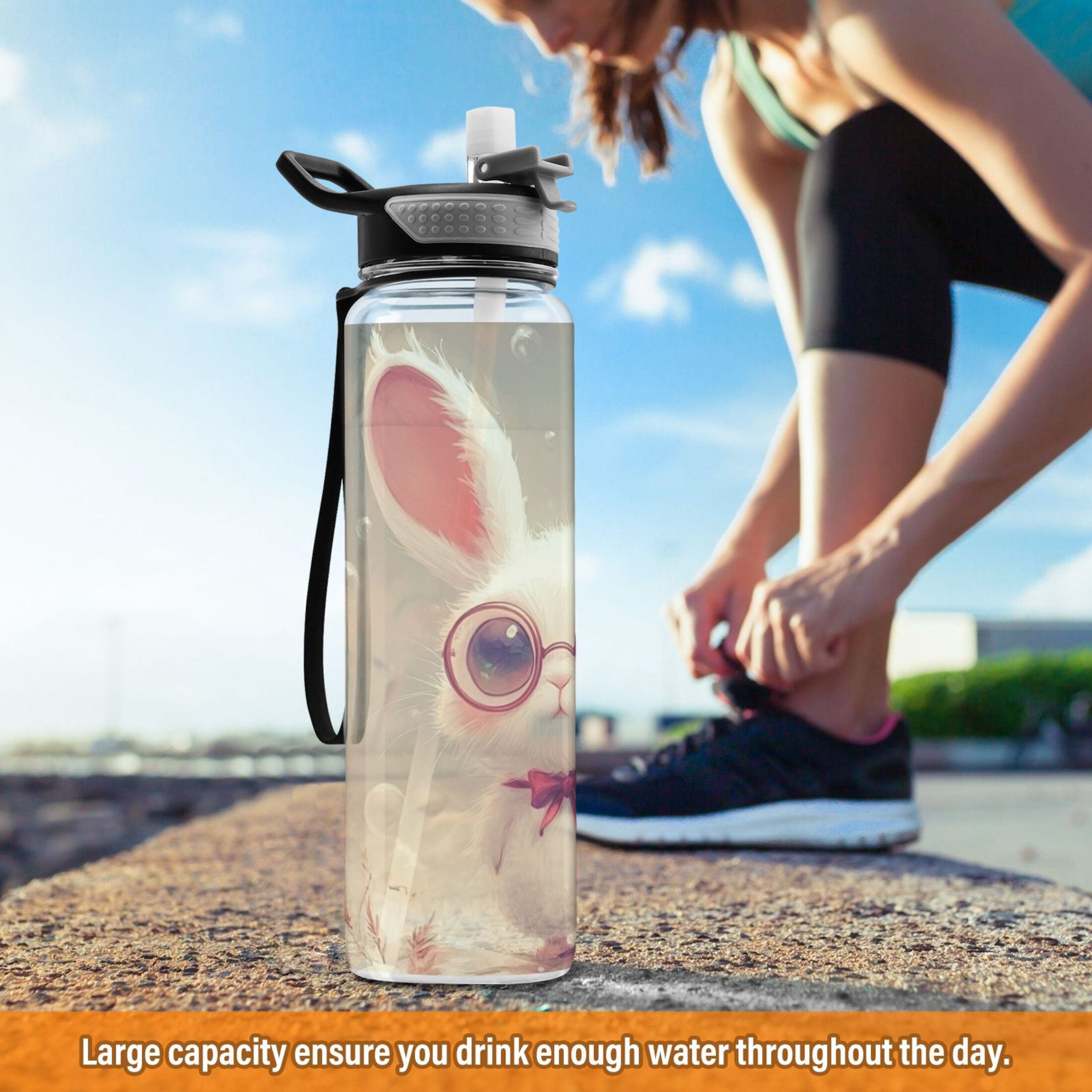 Sports Water Bottle 1000ML Tritan Food Grade Clear Water Bottle Fitness Outdoor Sports Bike Cartoon Rabbit with Glasses