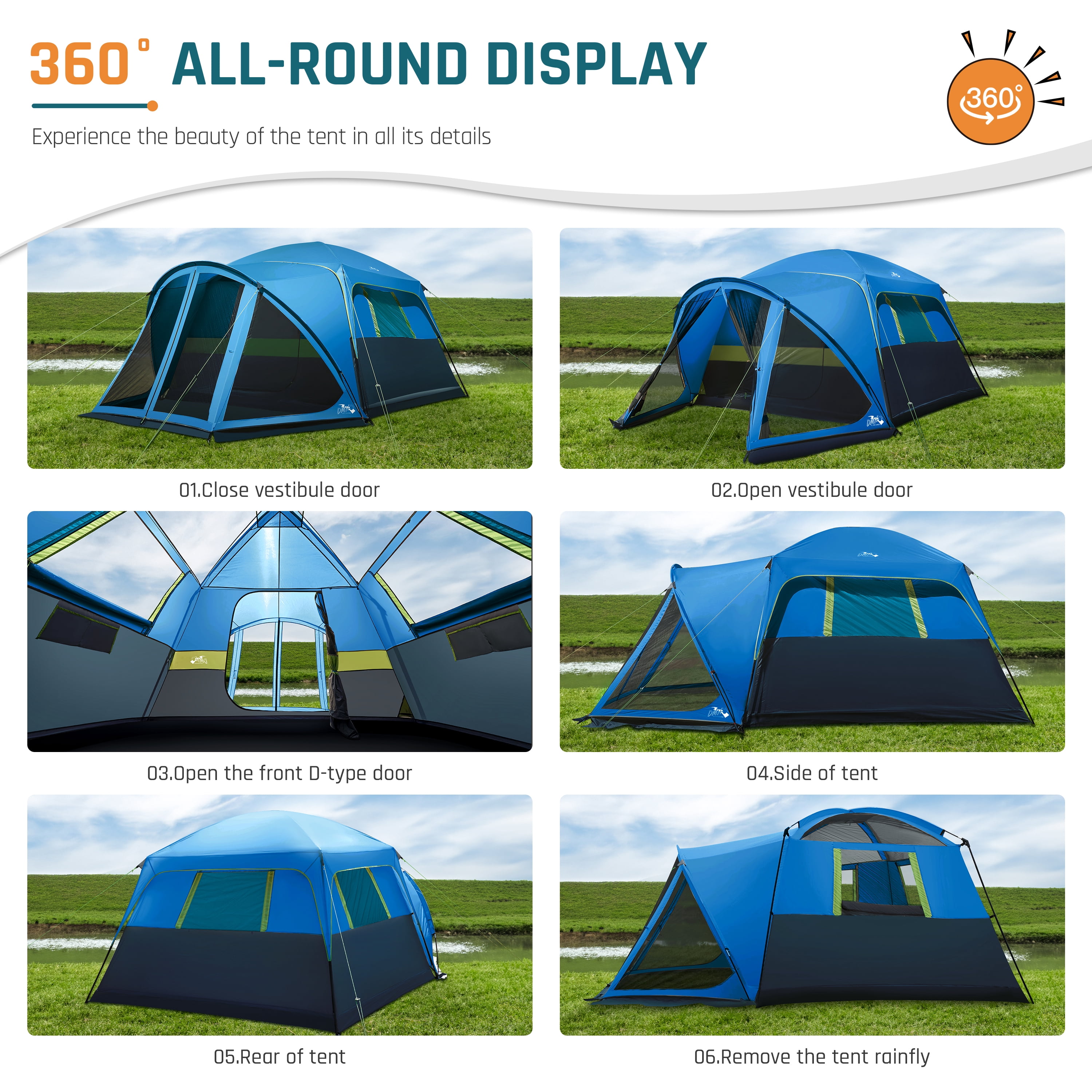 DMH OUTDOORS 6 Person Family Cabin Tent with Screen Porch Camping Tent for Outdoor Camping Backyard Blue