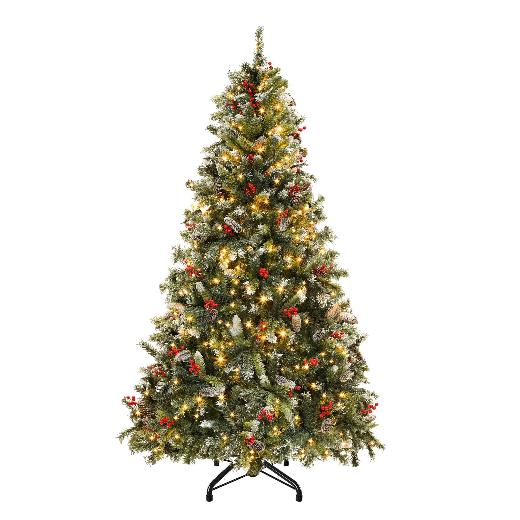 Uforic 7.5ft Pre-Lit Pine Artificial Christmas Tree with 1398 Branch Tips & 550 Lights,  82 Pine Cones & 82 Red Berries, Remote Control, Green