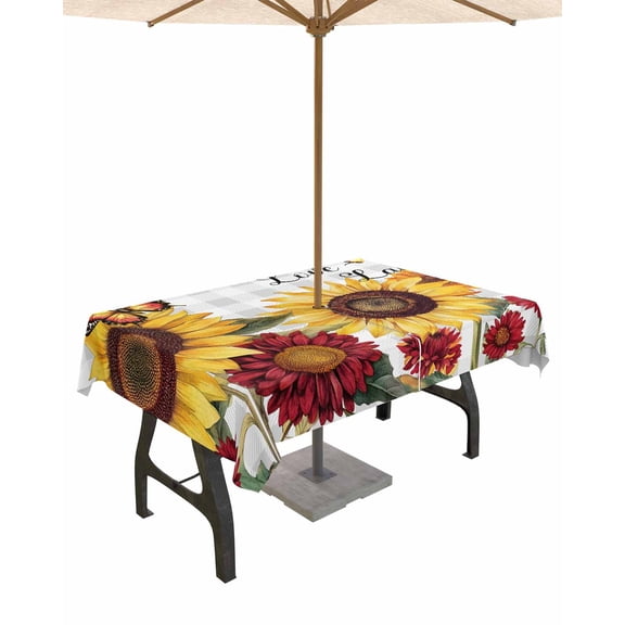 Outdoor Tablecloth with Umbrella Hole for Patio/Picnic/Party/Camping, Sunflower Gray Check Waterproof Table Cloth Rectangle Table Cover Washable, Farmhouse Flowers Butterfly 52"x 70"