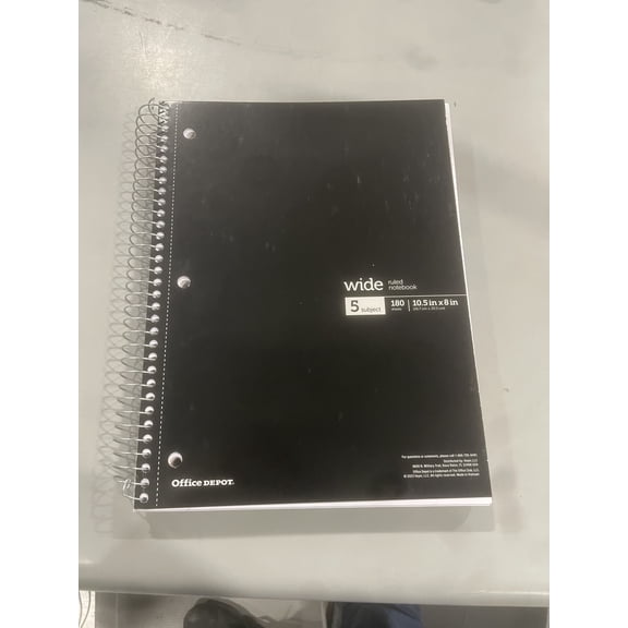 Open Box OFFICE DEPOT WIREBOUND NOTEBOOK 8" X 10-1/2", WIDE RULED, 180 SHEETS - BLACK