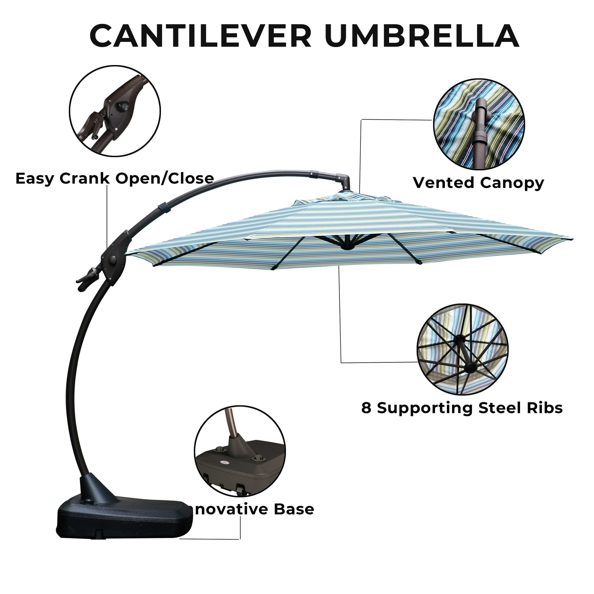 GRANDPATIO 11 Ft Outdoor Patio Umbrella with Base, Curved Offset Cantilever Umbrella for Patio Pool Deck,Stripes