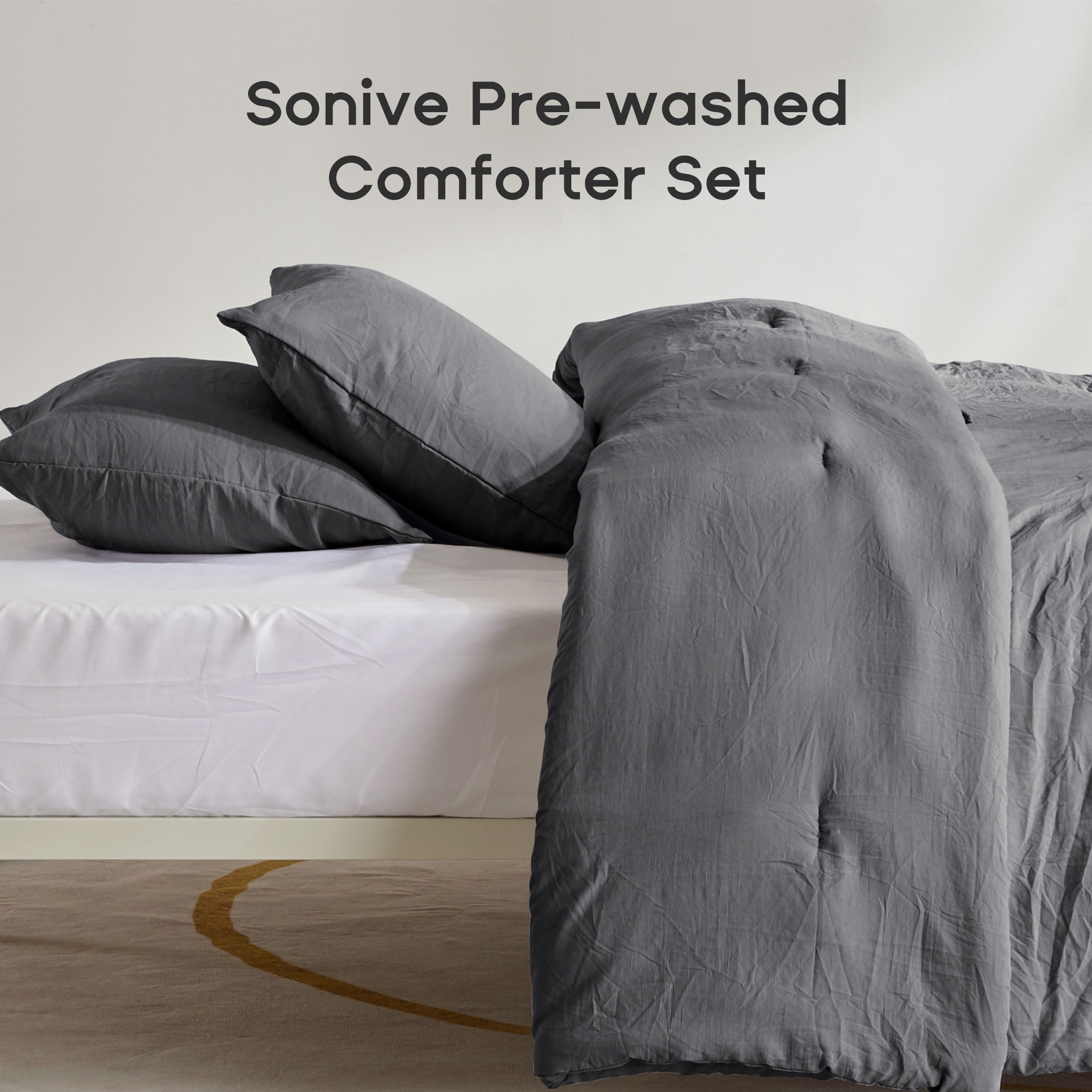 Sonive Washed Comforter Sets Queen 3 Piece, Soft and Cozy, Fluffy Microfiber Fill, Washed Textured Wrinkled Design (Dark Grey)