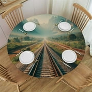 PIKWEEK Train Tracks Fitted Round Table Cloth Field Cloud Blue Sky Journey Railroad Farm Elastic Stretch Tablecloth