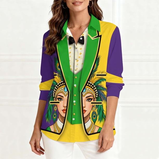 TaTaai Ladies Fashion Mardi Gras Print Long Sleeve Loose Casual Shirt Unisex Lapel Button Down Blouse Holiday Top for Daily Office Party Streetwear Spring Summer Wear Gift