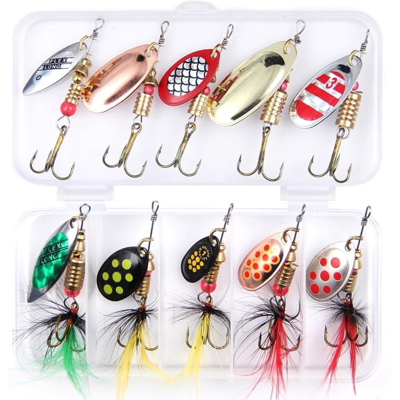 10/30pcs Fishing Lure Spinnerbait with Feathered Treble Hooks Rooster Tail Fishing Lures Spoon Lures for Bass Salmon Trout Spinner Baits with Tackle Box