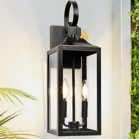 Lámpara de pared exterior Yolsunes, 48 cm, borde negro dorado, del anochecer al amanecer