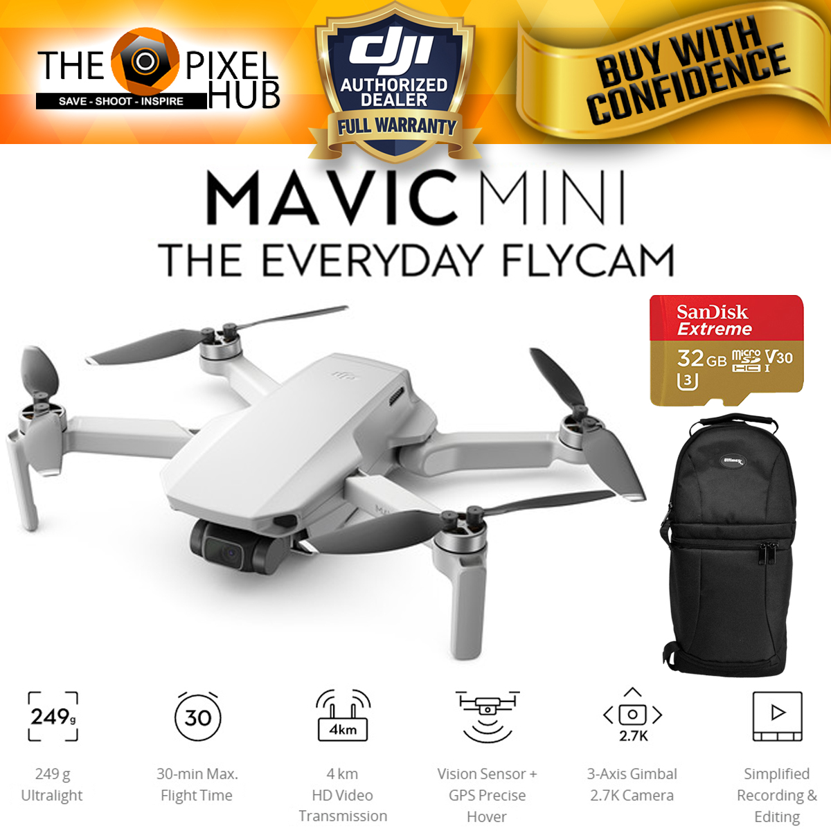 DJI Mavic Mini with 12MP/2.7K Gimbal Camera + Sandisk 32GB MicroSD and