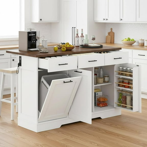 Advwin 55" Drop Leaf Kitchen Island with Power Outlet, Large Breakfast Bar with Foldable Countertop, Storage Drawers, Trash Cabinet, Adjustable Shelves, Towel Rack & Spice Organizer, White   Walnut