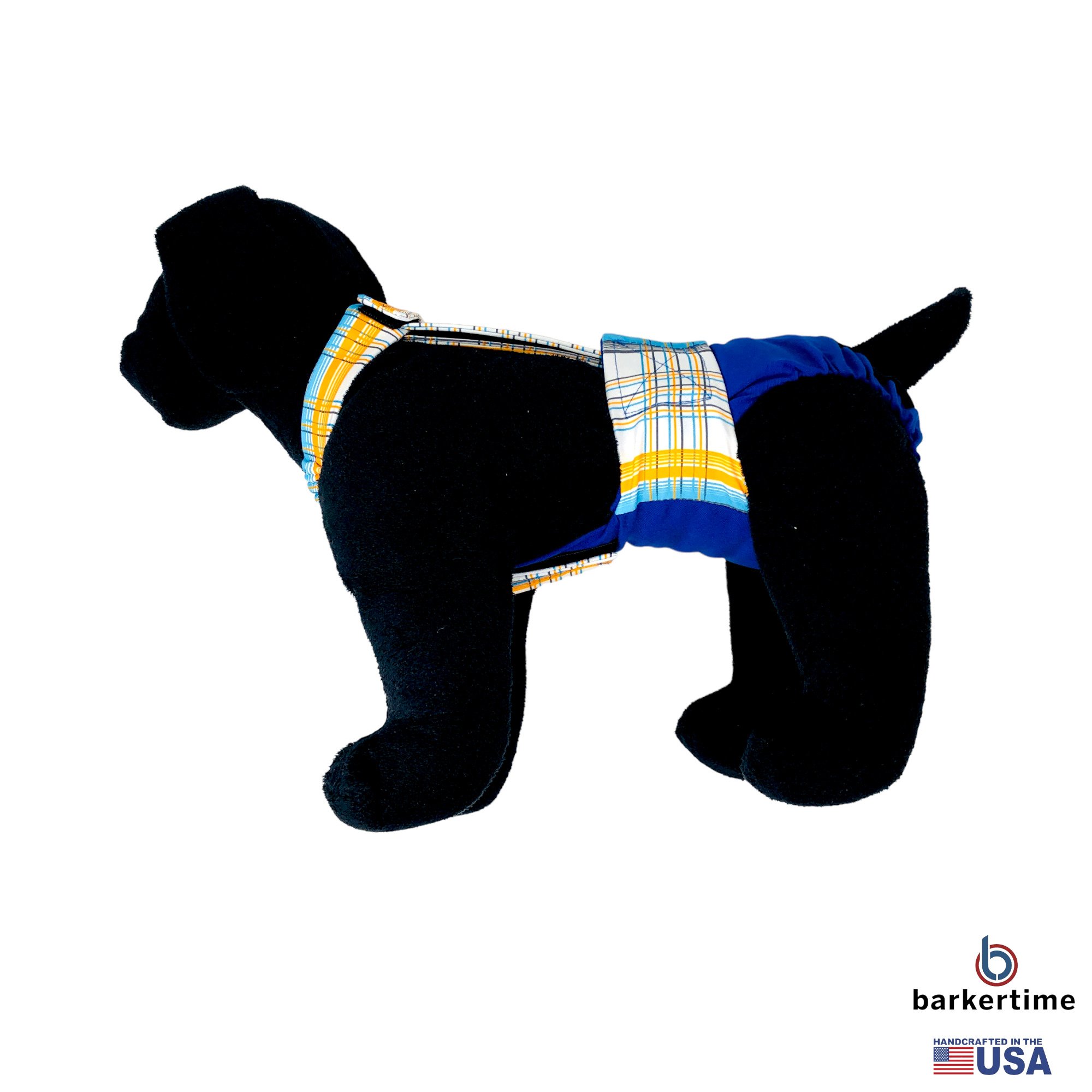 Barkertime Blue Yellow Plaid on Blue Dog Diaper Overall