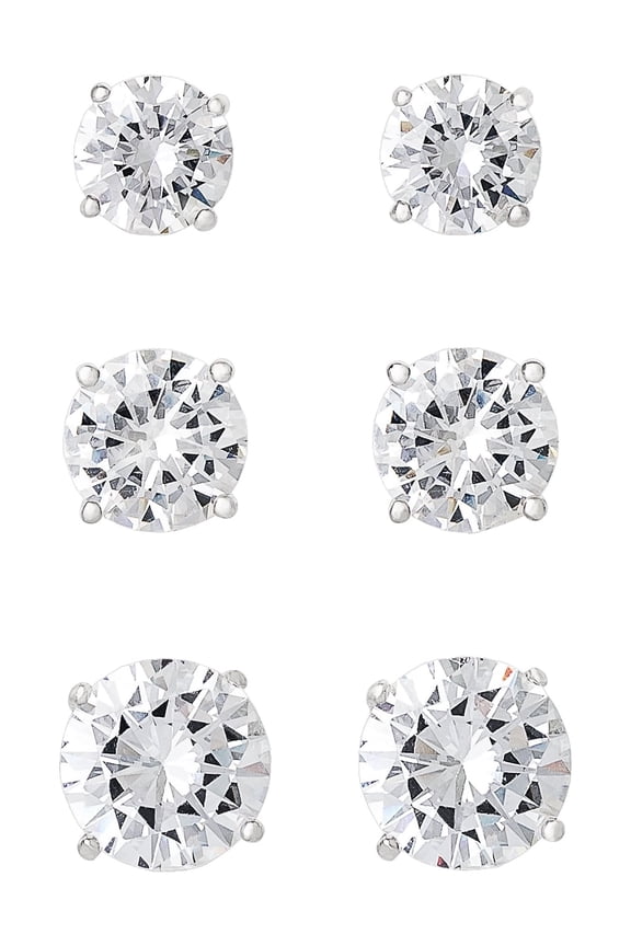 , Women's Fine Silver Plated Cubic Zirconia Round Stud Earrings, 3 Pack