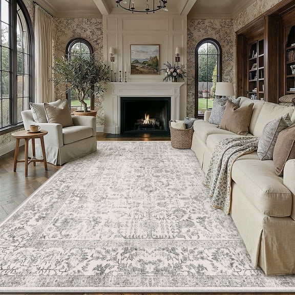 BERTHMEER Tapis Vintage 8'x10 Pieds Gris Grand pour Salon Chambre Bureau Salle à Manger Ferme Oriental Traditionnel Antidérapant Lavable