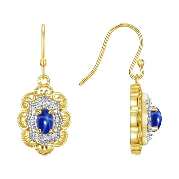 RYLOS Earrings For Women 925 Yellow Gold plated Silver Earrings with Oval Shape Gemstone & Genuine Diamonds Dangling Earring 6X4MM Blue Star Sapphire Birthstone Jewelry For Women Silver Earring
