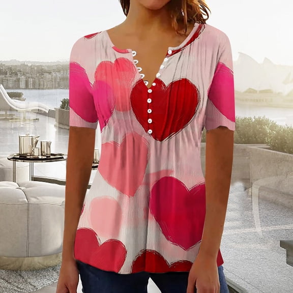 Fartey Elegant V Neck Shirts for Women Plus Size Heart Graphic Tees Dressy Casual Button Pleated Short Sleeve Blouse Slim Fit Summer Tunic Tops Multicolor S-3XL