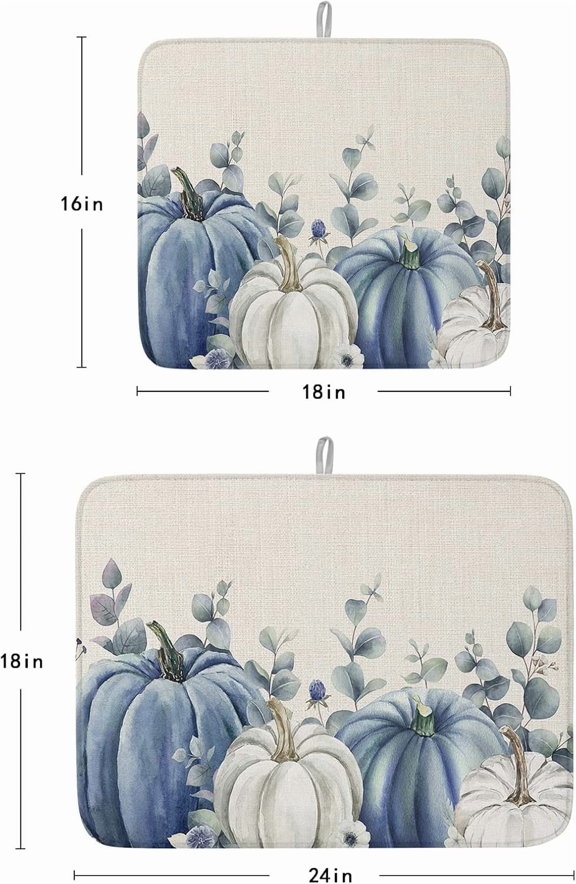 Blue Gray Pumpkins Fall Dish Drying Mat for Kitchen Counter, Thanksgiving Eucalyptus Leaves Baby Bottle Microfiber Drying Pad, Rustic Botanical Absorbent Coffee Cup Dishes Drainer Mats 18"x24", 1 Pcs