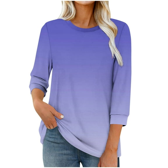 FNFHFY 3 Quarter Sleeve Tops for Women Crewneck Gradient T Shirt Loose Fit Basic Tees Tunic Tops to Wear with Leggings