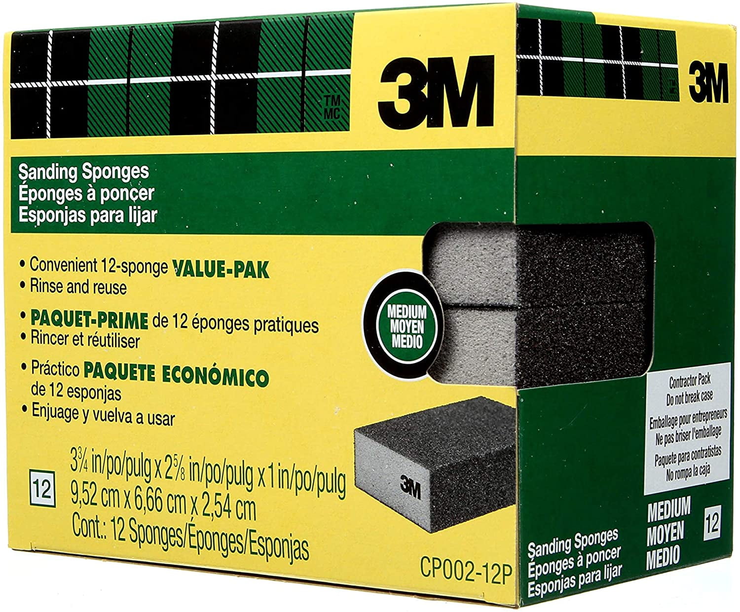CP002-6P-CC 3.75 x 2.62 x 1-Inch Medium Grit 4-Pack Case 3M Sanding Sponge 6/Pack 
