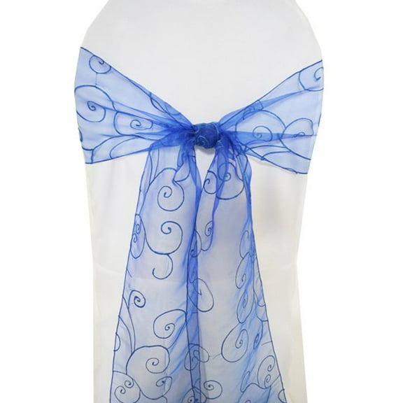 Wedding Linens Inc. (10pcs) 8'' x 108'' Embroidered Organza Sheer Chair Sashes Chair Bow Ties - Royal Blue