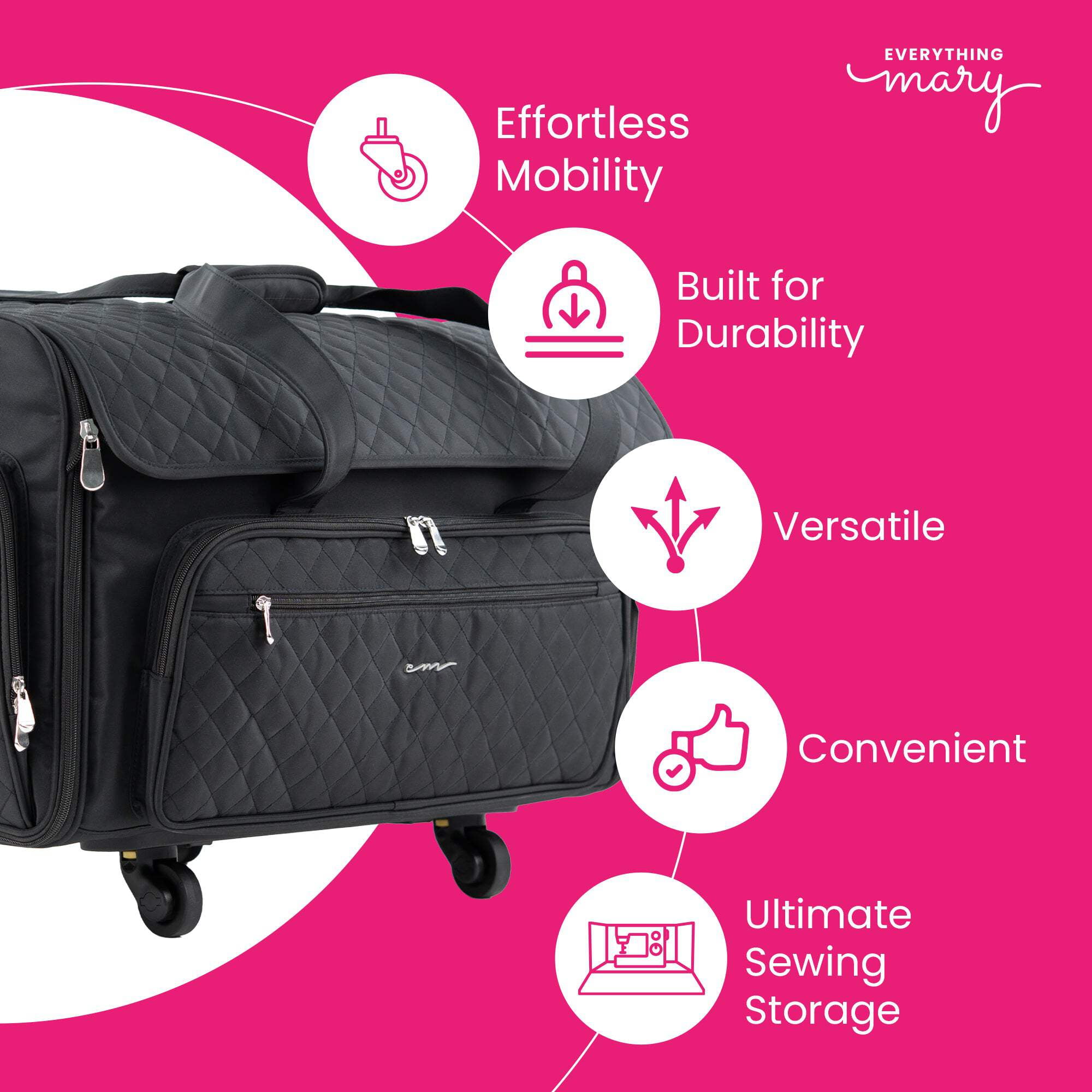 Everything Mary XXL Wheeled Sewing Machine Bag Sewing Machine Case - Durable, Spacious Storage with 4 Wheels, Multiple Pockets for Sewing & Craft Supplies